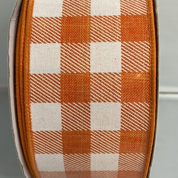 Orange & White Buffalo Check 50 yards Wired Ribbon - Picture 3 of 4